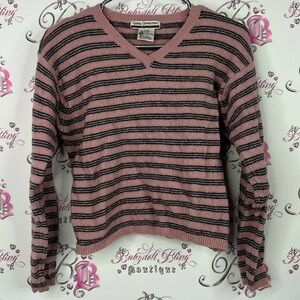 Casual Connection sweater wool pure lambs wool Pink and Black Striped V-Neck